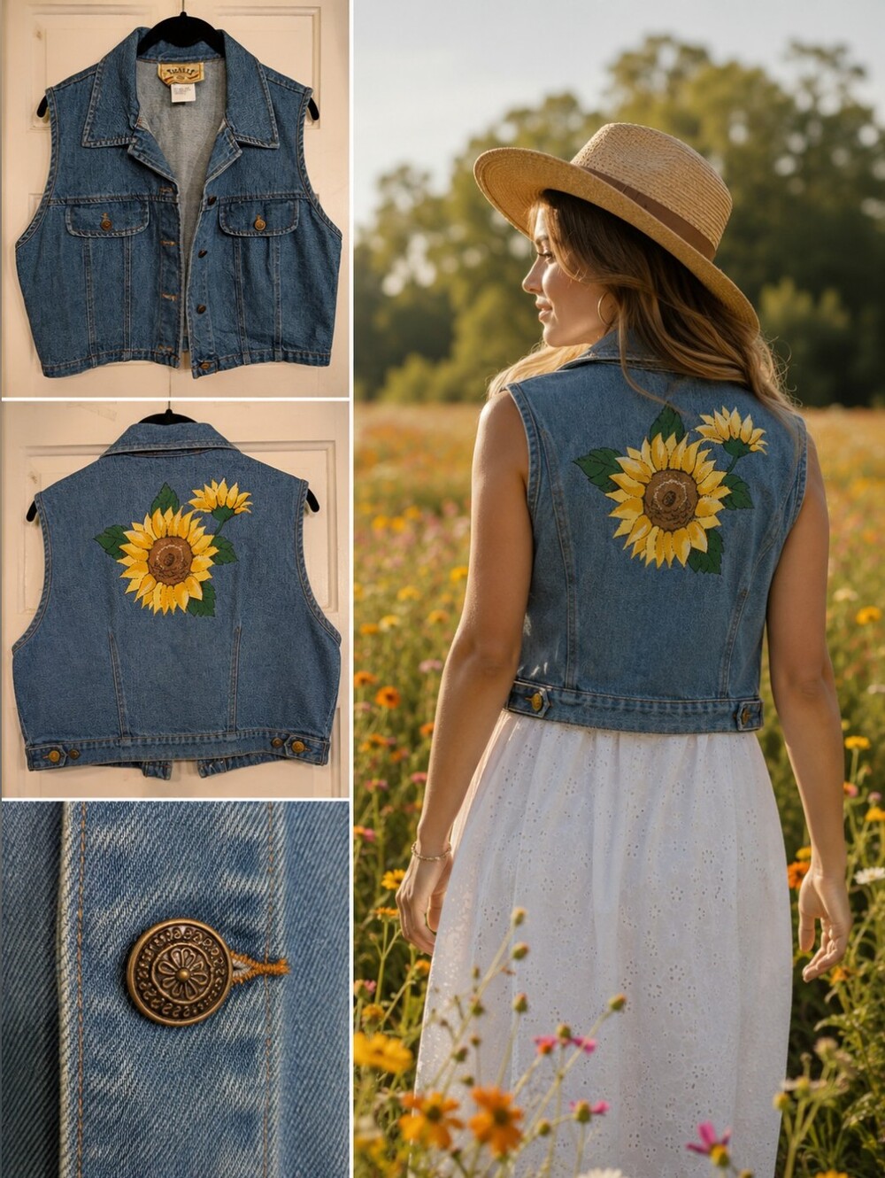 Vintage Tickets Clothing Sunflower Denim Vest Size 13/14 Made in USA
